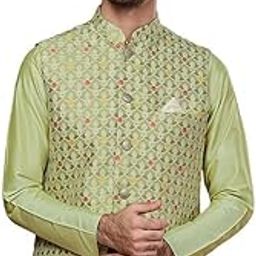 Men's Jacket, Green Silk Blend, Woven Design Regular Fit Mandarin Collar Sleeveless-image-35