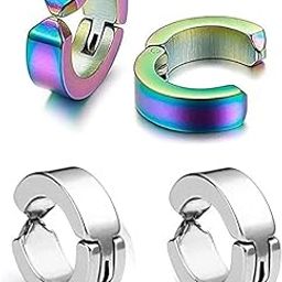 Trendy Multi And Silver Round Shaped Press Non-Piercing Style Clip On Metal Barbell Earring Hoop Bali Stud For Men And Women. (2 Pairs)-image-38