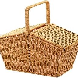 Picnic Basket Rustic Handmade Empty Woven Basket for Bread Fruits Sandwiches Yellow-image-24