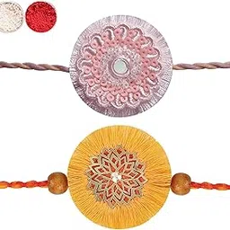 masq by Q-One Designer Rakhi Combo Set with Roli Chawal & Moli for Men (Orange-Gold | Pack of 2) | Embroidered Handcrafted Raksha Bandhan Bracelet for Brother-picture-0