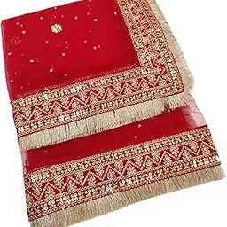 navti creations wedding Bridal Red Net Dupatta With Embroidery Border & 4 Side Kiran (2.25m)-picture-26