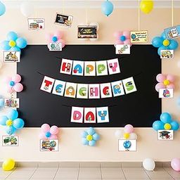 1iAM Happy Teachers Day Decoration Items - Pack of 78 | 1pc "HAPPY TEACHERS DAY" Paper Banner, 16pcs Ceiling Hanging, 60pcs Balloons & 1pc Glue Dots For School, College, Tution, Coatching Decorations-image-33