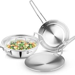 Bergner BE Essentials Triply 4 Pcs Stainless Steel Cookware Set - 24cm (3.1L) Kadai, 24cm (1.5L) Frypan, Common Flat Glass Lid, 26cm Roti Tawa, Less Oil Use, Even Heat Distribution - Induction Bottom-image-32