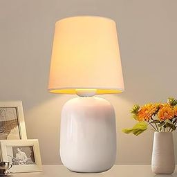 Homesake® Modern Small Ceramic Table Lamp, Classic Bedside Desk lamp for Living Room Bedroom, Farmhouse Nightstand Lamps with Pink Fabric Shade (Dovel White), LED-7