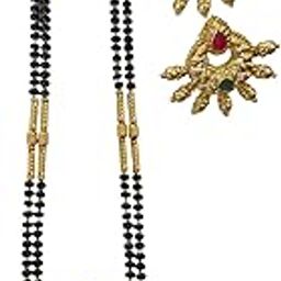 Maharashtrian Traditional Gold Plated Micro Polish Black Beads, Golden Pipe Design Sar 34 Inch Long Mangalsutra and Earrings Set for Women-5
