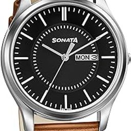 Quartz Analog with Day and Date Black Dial Leather Strap Watch for Men-NS77082SL08W/NT77082SL08W-33