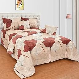 Nivasam 6 Piece Cotton Comforter Set King Size Double Bed with 1 Reversible Ac Comforter Dohar 1 Flat Bedsheet, Two King Quilted Pillow Covers & 2 Cushions with Fillers (90X100) (D6), 300 TC,Beige-image-7