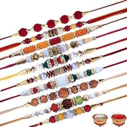 Multicolour Plastic Oxidized Silver Non-Precious Metal Rakhi Festival Dora Rakhi Set for Brother with Roli Chawal for Men - Combo of 8-image-51