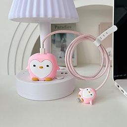 CASENED Case for Apple 20W iPhone USB-C Power Adapter Charger and USB Lightning Cable Protector | 3D Cartoon Design Soft Phone Charging Protective Cover (Pink Penguin)-63