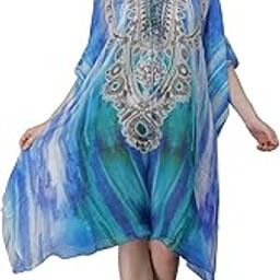 Georgette Digital Printed Blue Designer Kaftan | Blue Ethnic Motifs Georgette Kaftan Dress Bikini Coverup | V Neck Dress Free Size. | Multicolor 37 | Free Size-50