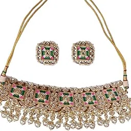 accessher Traditional Gold Plated Statement Choker Necklace Set for Women Gold Tone Jewelry with Purple and Green Stones Studded Necklace with Earrings Combo for Special Occasions-picture-44