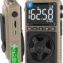 Bluetooth AM FM Shortwave Radio with NOAA Weather Alert,1250mAh Rechargeable Portable Pocket Radio with Best Reception,5W Big Speaker, Digital Tuner and Earphone,Support SD Card and USB Player（Brown）-1