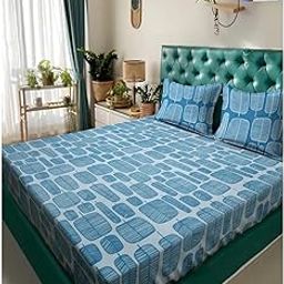 Klotthe Turquoise Geometric 300 TC Cotton Blend Double Bedsheet in Book Fold Packing-image-40