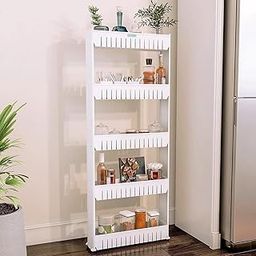 Dweezhet 5 Layer Multipurpose Plastic Storage Organizer Slim Rack Shelf with Wheels | Slim Slide Out Kitchen Trolley Rack Holder Storage Organizer for Kitchen, Bathroom (White)-image-14