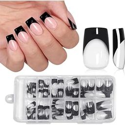 NPAH French Gel Nail Tips,120pcs Short Coffin Press on Soft Gel Fake Nails, 3 in 1 X-coat Pre-Applied Tip Primer & Base Coat,12 Sizes for DIY Nail Extension, No Filing Required -BLACK-picture-54