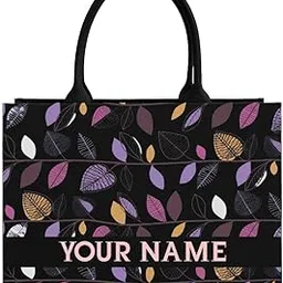 rerden Personalized Leaf Pattern Tote Bag, Black with Purple Pink Gold Design, Customizable Name, Fashion Shoulder Handbag-picture-39