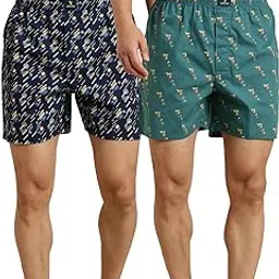 joven Men Navyblue, Green Printed Pure Cotton Boxer Shorts Pack of 2-picture-5