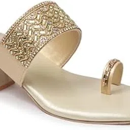 dipyo Stylish Embroidered Stone Design Ethnic Block Heel Slip-On Sandals for Women (Peach, Golden)-picture-0