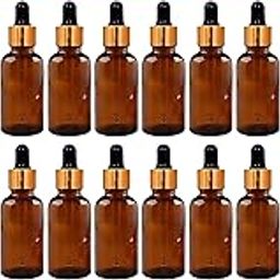 30 ML Amber Round Empty Glass Bottle + Glass Dropper + Gold Ring + Black Silicone Teat, Refillable, Reusable, Leak Proof For Essential Oils, Perfumes (Pack Of 24)-18