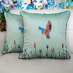 TARA- Sparkling Homes Embroidered Cushion Cover 16x16 inches Set of 2 in Cotton Silk- Kingfisher (16 x 16 Inches, Pastel Sage Green)-image-63