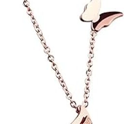Stainless Steel Charm Necklace - Butterfly Design Pendant for Women & Girls Double Crystal Butterfly Chain Pendant Chain for Girls-image-109