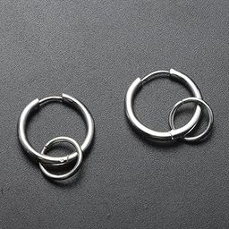 LOOM TREE® 1 Pair Stainless Steel Hip Hop Silver Color Double Loops Dangle Earrings Piecring-image-4