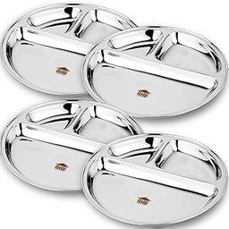 URBAN KRAFT 3in1 Stainless Steel Round Partition Plates with Compartments Pack of 4 | Tiffin (Idli Sambhar) Plates/Thali for Lunch/Dinner/Breakfast-image-4