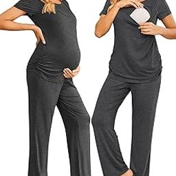 Women Maternity Nursing Pajama Set Breastfeeding Sleepwear Set Short Sleeve Top & Pants Postpartum Pajamas-image-61