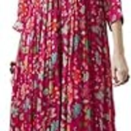 Womens Fuchsia Chinon Floral Print Gathered Dress with Mirror Work-image-0