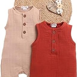 Cot & Candy Baby Organic Muslin Half Romper Pack Of 2-Latte + Picante-image-83