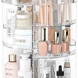 Jiavarry Rotating Makeup Organizer, DIY 8 Adjustable Layers Spinning Skincare Organizer, Cosmetic Display Case with Brush Holder Perfume Tray, Multi-Function Storage Carousel for Vanity-45