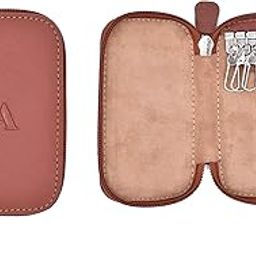 Leather Keychain Holder Pouch, Key Case, Soft Strong and Compact Organiser and Wallet with Zip Closure and 6 Key Holder Hooks W55 Tan, Size 6 x 11 cm-25