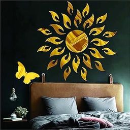 Adfusion 3D Acrylic Sun Flame Mirror Decorative Wall Reusable Self-Adhesive Sticker with Extra 1Butterfly Reusable Self-Adhesive Sticker,(45Cm X 45Cm) - Pack of 26 (Gold)-image-39