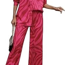 Women's Co-Ords Set - Pink Zebra Print Shirt Collar Button-Down Top and Wide-Leg Pants, Rayon Fabric-image-87