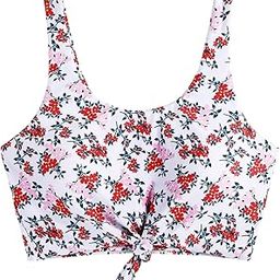 Women's Front Knot Bikini Tops Crop Tankini Top Scoop Neck Padded Bathing Suit Tops, 1-floral White, Medium-picture-6