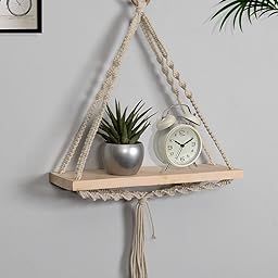 Homesake Macrame Wall Hanging Shelf Woven Home Decor Wood Floating Storage Shelf Bohemian Handmade Cotton Rope,Living Room, Balcony, Garden, (71 L x 40 W), Beige-31