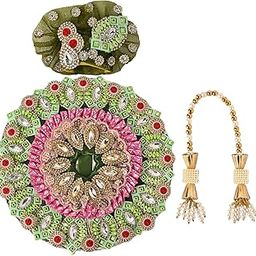 R.K Store Laddu Gopal Ji Dress Set Size 3 & 4 ? Designer Green Poshak with Pagdi & Mukut | Handcrafted Cotton Dress for Bal Gopal Kanha Ji | Traditional Krishna Janmashtami Outfit-image-73