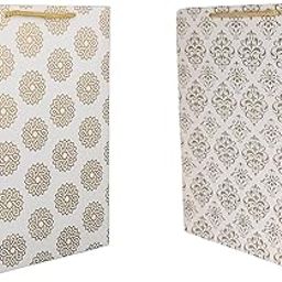 TASCHE Gold Flower and Gold Chakras Printed Assorted Design Paper Carry Bags | Gift Bags for Return gifts, Birthday and presents (28 * 20 * 7.5 CM) (Pack of 10)-25