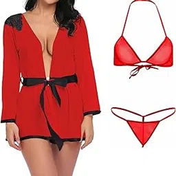xs and os Women's Combo Babydoll Nightwear Belted Robe with Panty and Bikini Bra & G-String Thong-picture-47