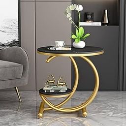Woodilla Round 2 Tier Coffee Table, Modern Bedside Tablefor Living Room, Tea,Sleek End Table,Bed Side Table,Nightstand with Durable Faux Marble Top with Metal Legs- Black & White-20