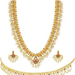 Combo of Red Green Necklace Set with Red Green Waist Belt Gift for Women_2-34
