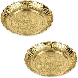 Klassic Small Brass Puja Thali/Bhog Thali for Mandir with Flower Engraved Design for Home & Temple Decoration & Gifting (Gold, 4 Inch, Pack of 2)-23