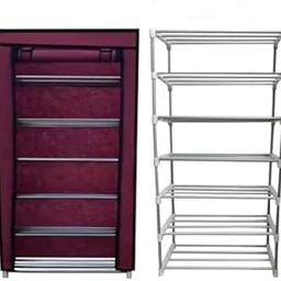 SANAMSTORE Multipurpose 6 Layer Metal Pipe with Non-Woven 100GSM Fabric Cover Shoe/Cloth/Toy/Books Rack-Maroon-11