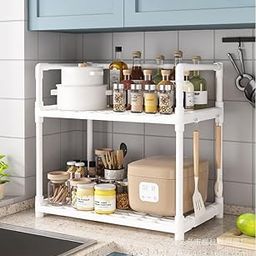 Delavala 2 Tier Countertop Organizer Bathroom Shelf | Space Saving Kitchen Storage Standing Rack | for Cosmetics, Stationary and Jars Organization Oven Stand| Compact & Convenient (2 Step, White)-image-34