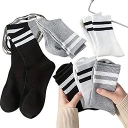 Striped calf length men and women Socks, Set of 6, Black, White, and Grey-picture-46