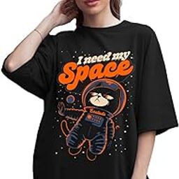 Loosefit Oversized Half Sleeve Tshirt for Women, Round Neck Longline Printed Drop Shoulder T-Shirt (Color Black)-image-36