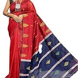 Traditional Handloom Cotton Saree, Red with Navy Blue Border, Geometric Pattern, Silver Zari Work-25