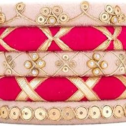 Neha Romantic pink with nude colour handwork and gotapatti design thread bangles, perfect for special occasions for Women & girls (5 Bangles)-image-15