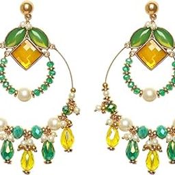 Embroidered Hoop Earrings for Women | Statement Golden Embellished Earrings with Beads & Glass Drops | Lightweight traditional Jewelry-image-12