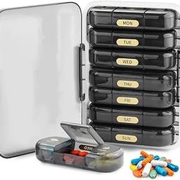 3 Times a Day Weekly Pill Organizer, Travel Daily Pill Box 7 Day with Moisture-Proof Design, Lager Space Pill Container to Hold Medication, Vitamins and Supplements (Black)-101